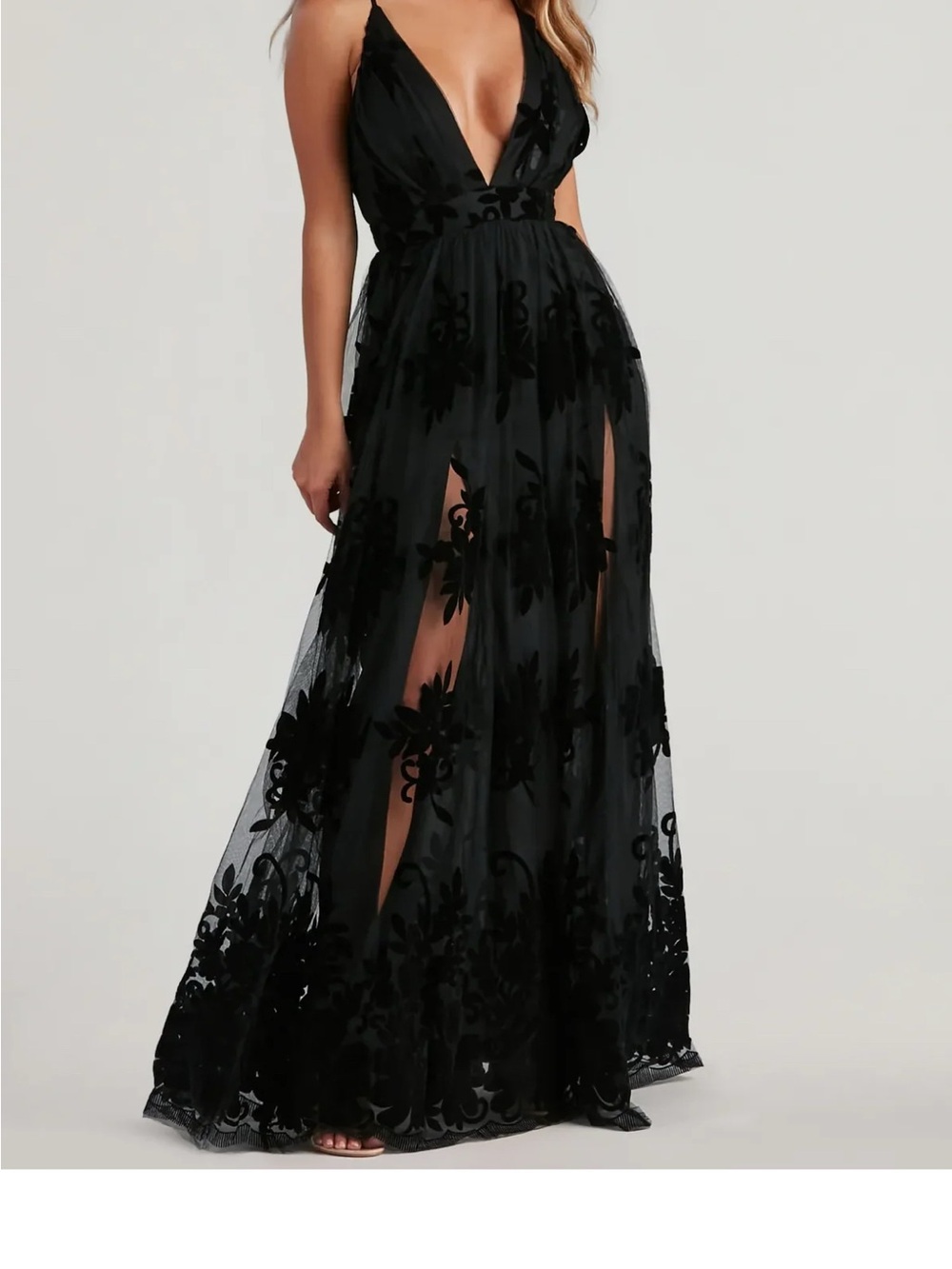 Windsor Black Floral Appliqué Plunge Maxi Gown